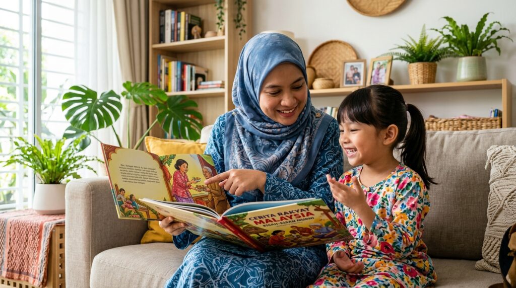 Kanak-kanak Melayu belajar nilai murni melalui watak dalam cerita rakyat.
