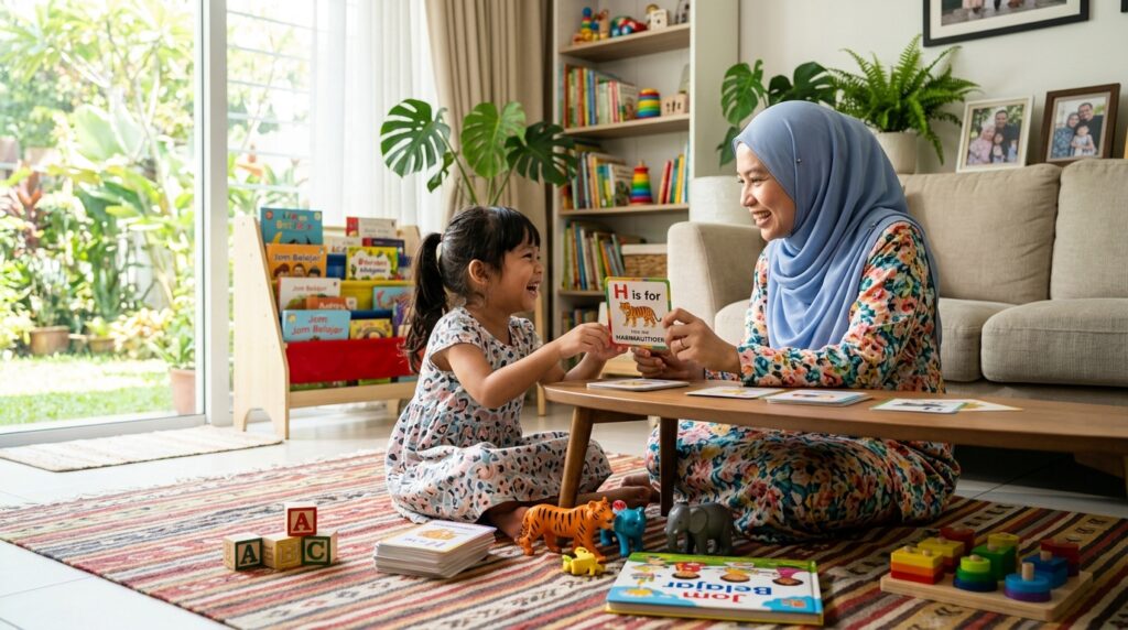 Kanak-kanak belajar melalui permainan pendidikan bersama ibu bapa