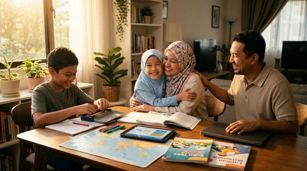 Ibu bapa dan anak mengamalkan rutin belajar harian yang konsisten