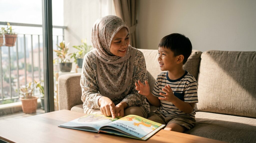Ibu berbincang dengan anak mengenai cerita yang baru dibaca