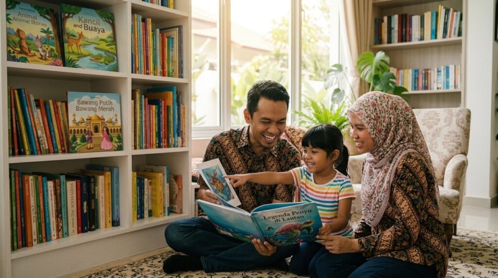 Kanak-kanak Melayu memilih buku cerita kegemarannya dengan sokongan ibu bapa.