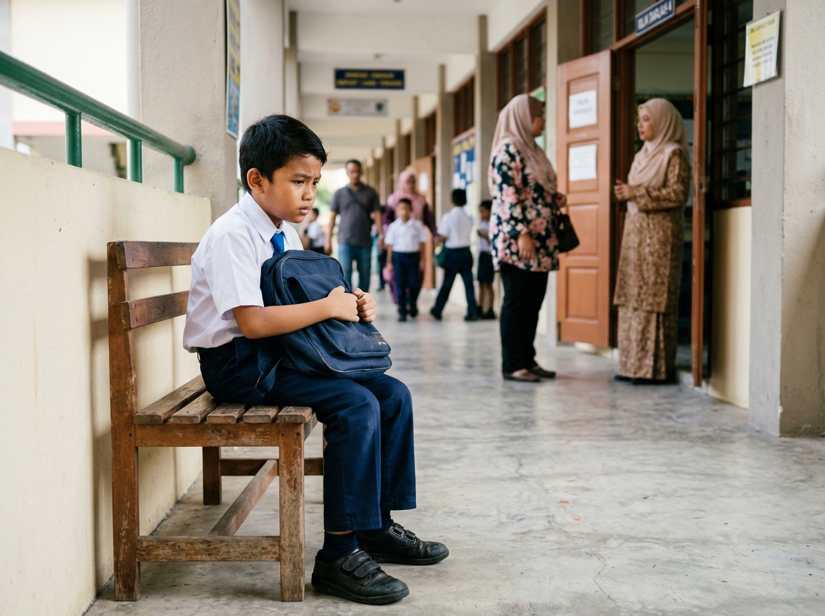 Anak Asia berseragam sekolah duduk di luar kelas dengan wajah risau sementara ibu bapa datang untuk ambil report card.