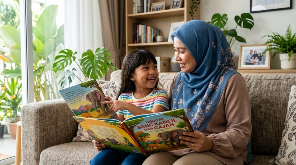 Ibu dan anak Melayu berbincang tentang pengajaran cerita rakyat.