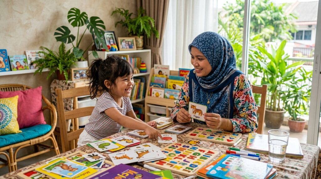 Ibu menggunakan kad bergambar untuk membantu anak Melayu belajar.