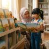 Ibu membantu anak memilih buku cerita rakyat yang sesuai di rak buku.
