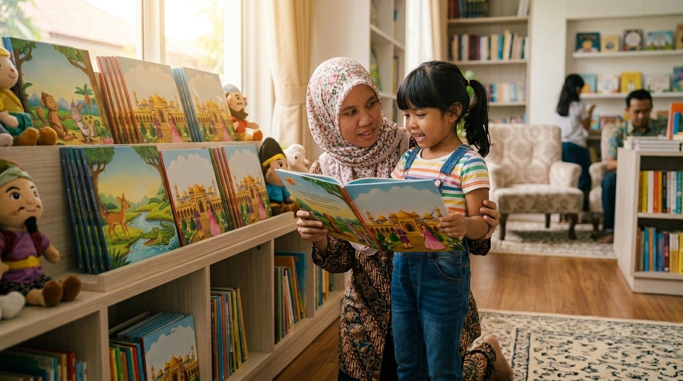 Ibu membantu anak memilih buku cerita rakyat yang sesuai di rak buku.