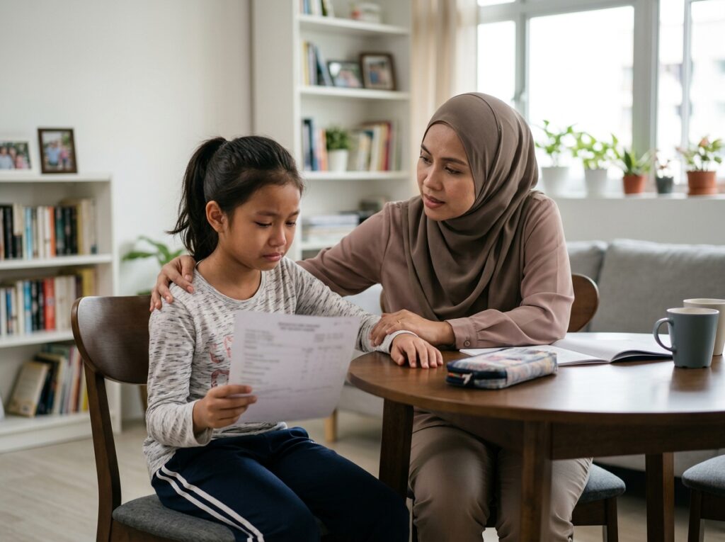 Ibu bapa Asia duduk bersama anak yang memegang keputusan peperiksaan dengan wajah kecewa, sambil memberi respon tenang dan menenangkan.