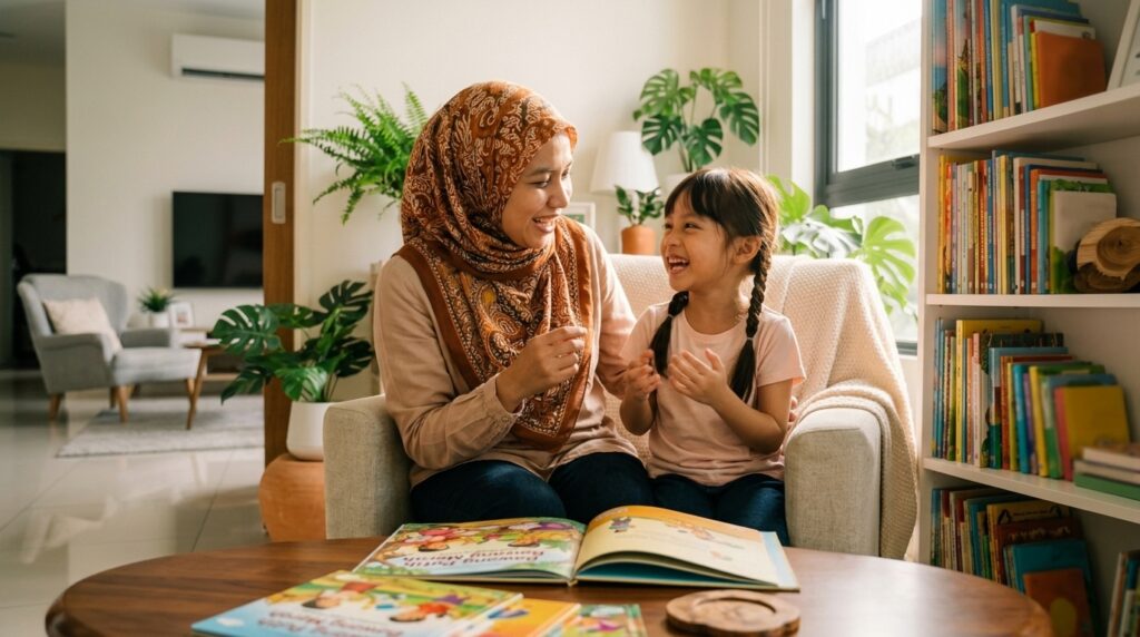Ibu berbincang tentang nilai murni daripada cerita rakyat bersama anak.