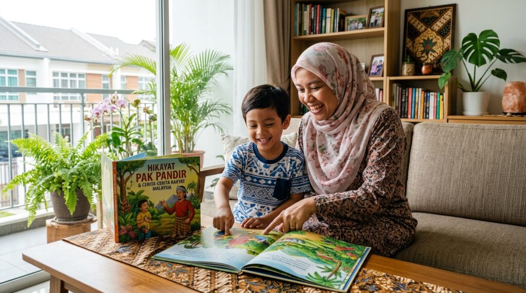 Ibu dan anak Melayu berbual tentang pengajaran selepas membaca cerita rakyat.