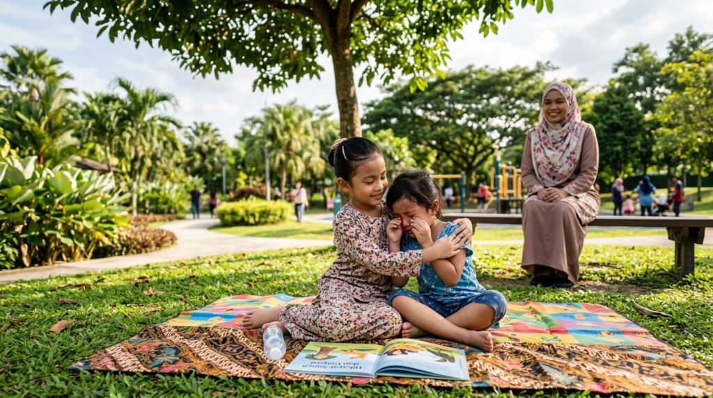 Kanak-kanak Melayu menunjukkan sikap empati terhadap rakannya.