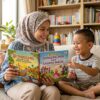 Ibu dan anak Melayu membandingkan buku cerita rakyat dan cerita dongeng sebelum membaca bersama.
