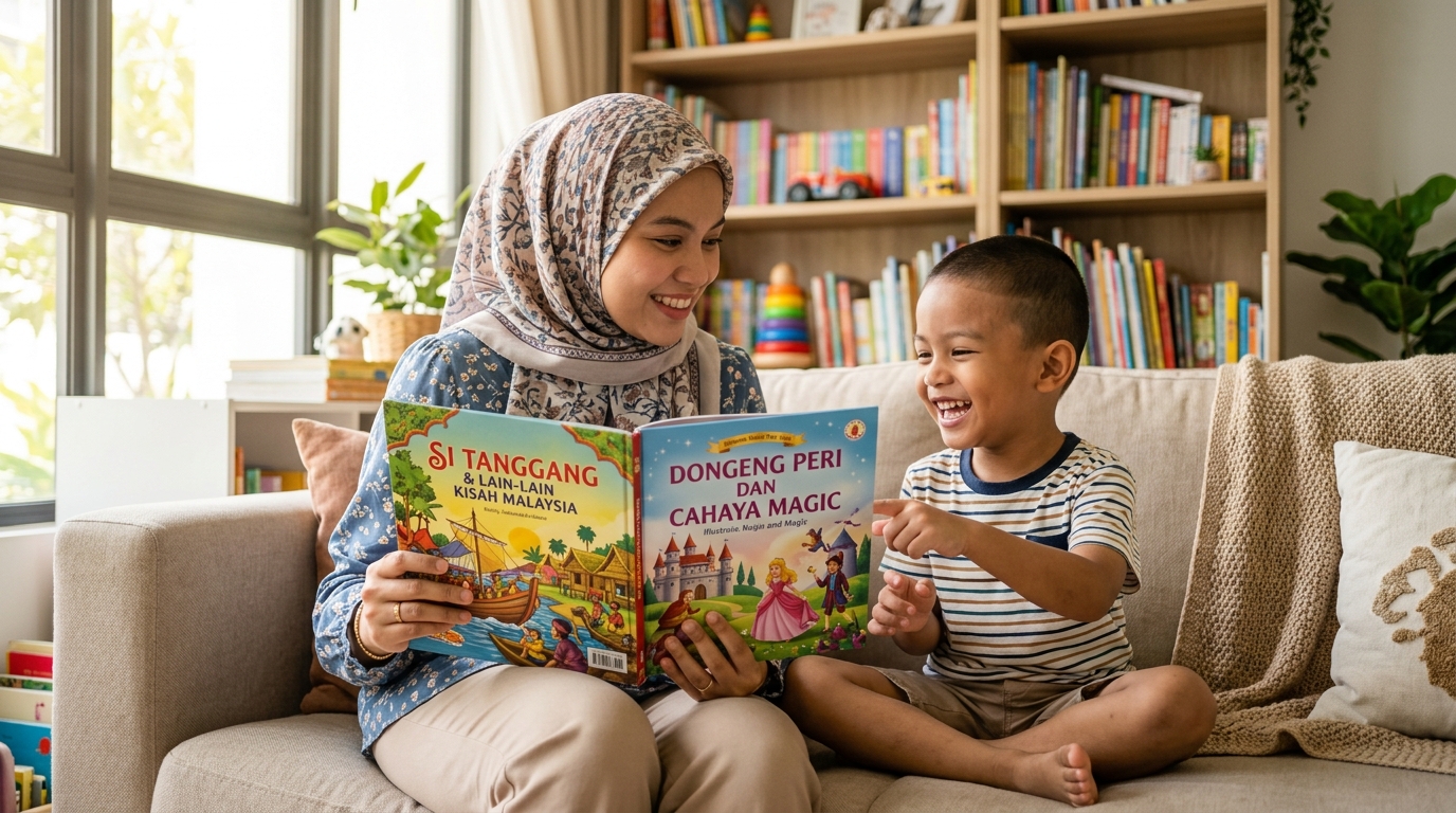 Ibu dan anak Melayu membandingkan buku cerita rakyat dan cerita dongeng sebelum membaca bersama.
