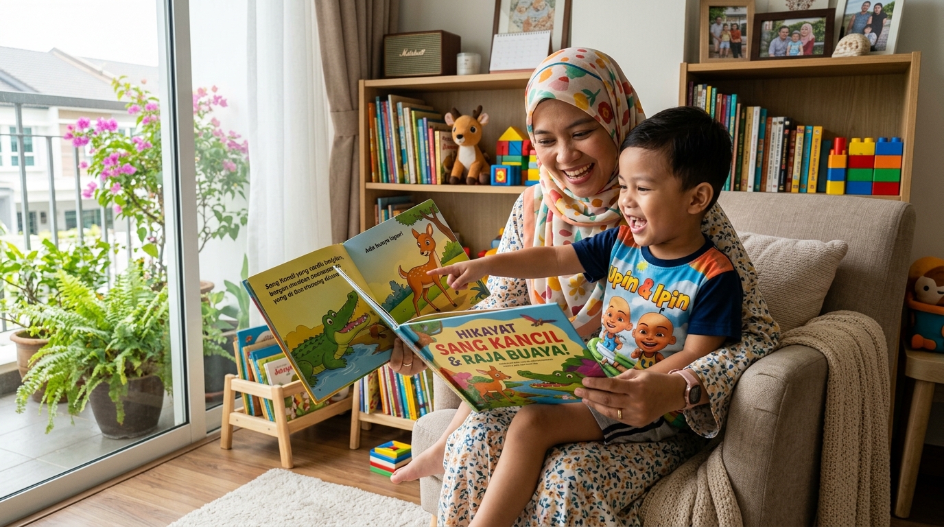 Ibu Melayu membacakan cerita rakyat kepada anak untuk meningkatkan kemahiran berbahasa.