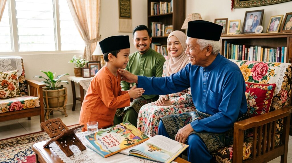 Kanak-kanak Melayu menunjukkan sikap hormat kepada datuk selepas membaca cerita rakyat.