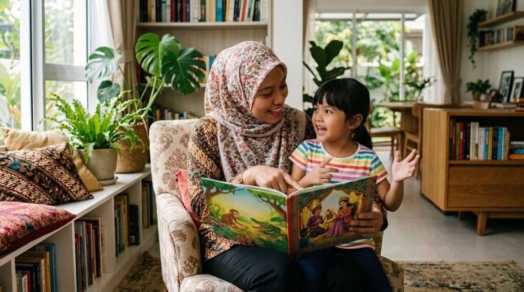 Ibu Melayu membacakan cerita rakyat kepada anak di ruang membaca rumah.