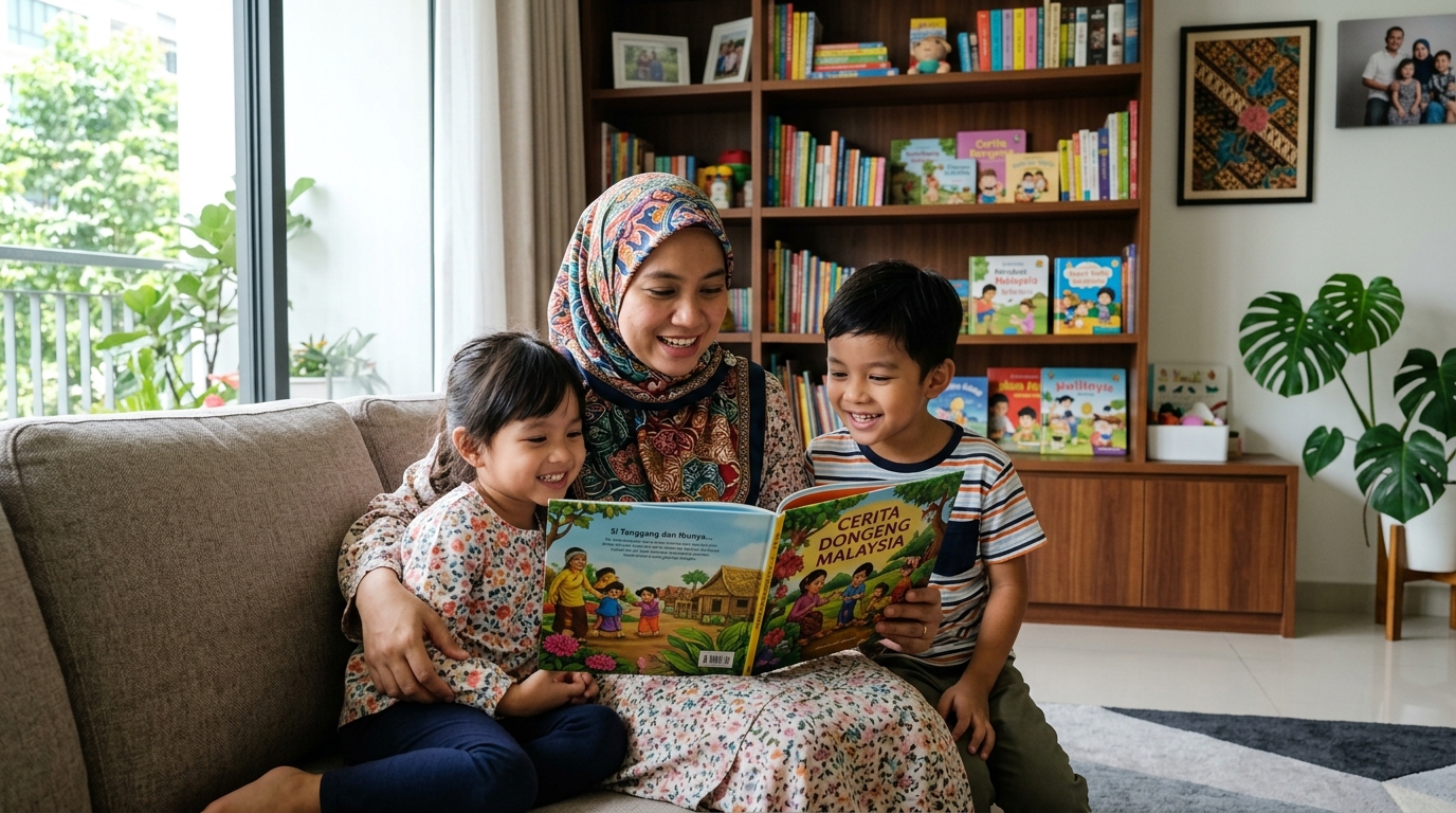 Ibu Melayu membacakan cerita rakyat kepada anak-anak mengikut umur mereka.