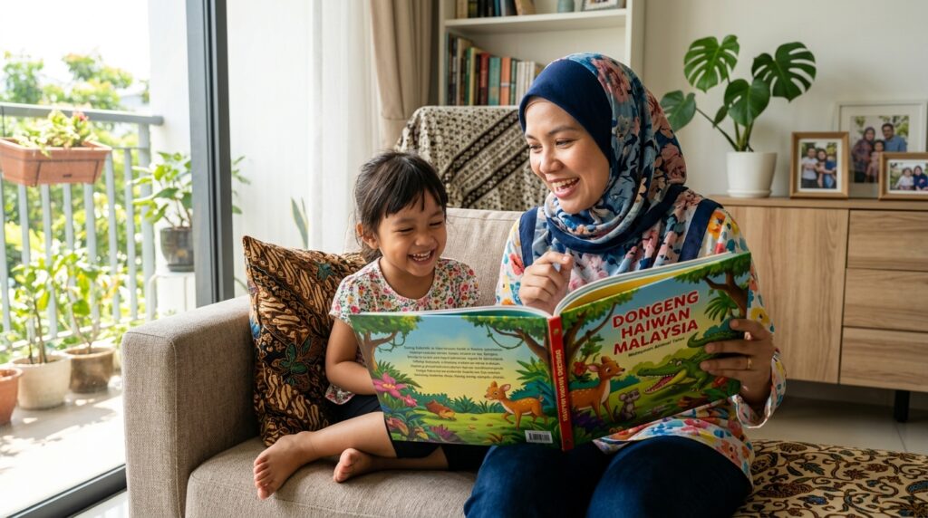 Kanak-kanak Melayu berusia 4 hingga 5 tahun membaca buku cerita rakyat bergambar.