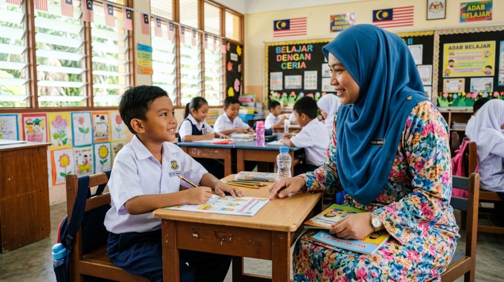 Murid Melayu mendengar arahan guru dengan penuh perhatian.