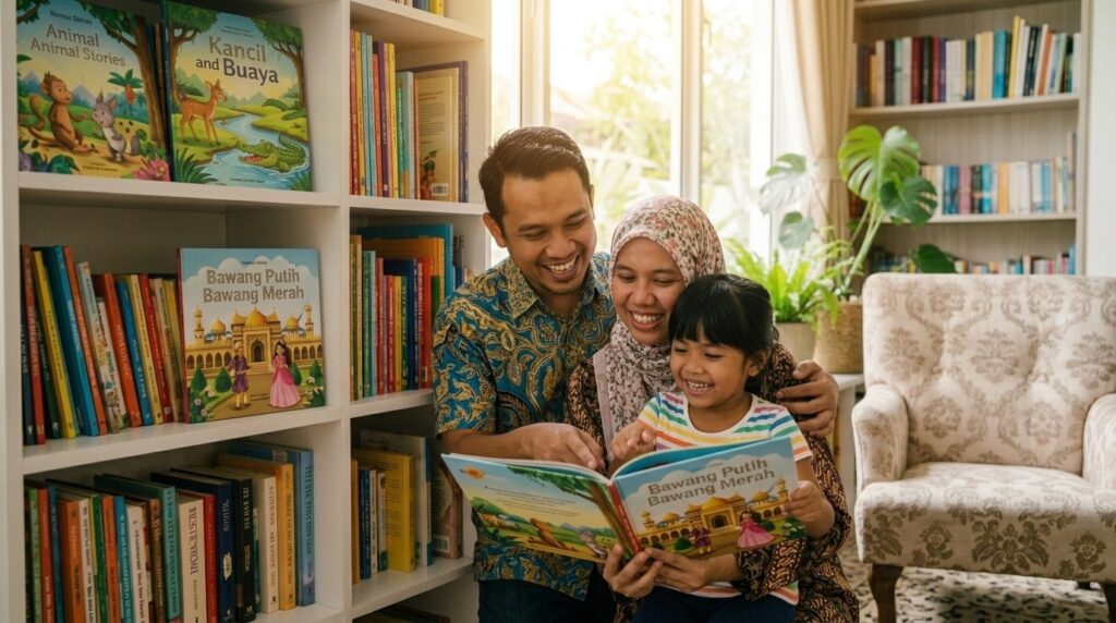 Keluarga Melayu membaca pelbagai jenis buku cerita bersama di rumah.