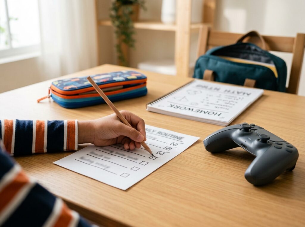 Close-up tangan anak Asia menyemak checklist rutin dengan controller game di sebelah sebagai reward.