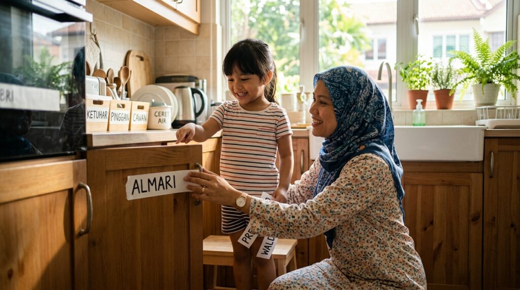 Kanak-kanak membaca label perkataan yang dilekatkan pada perabot rumah