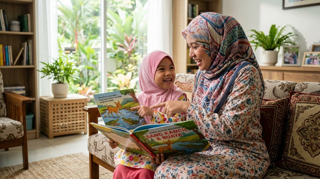 Ibu dan anak Melayu berbual tentang pengajaran daripada cerita rakyat.