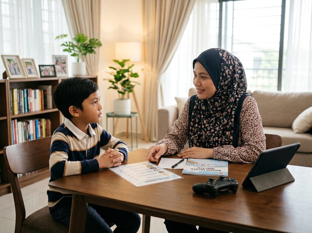 Ibu bapa Asia berbincang dengan anak tentang pilihan tanggungjawab harian sebelum masa bermain game di rumah.