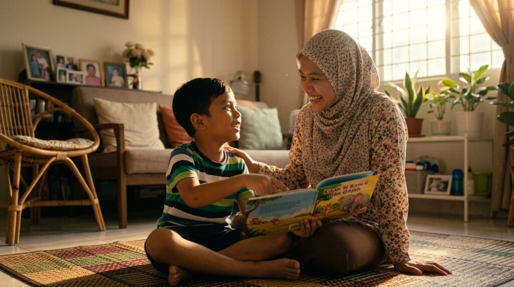 Kanak-kanak menceritakan semula isi buku kepada ibu dengan yakin