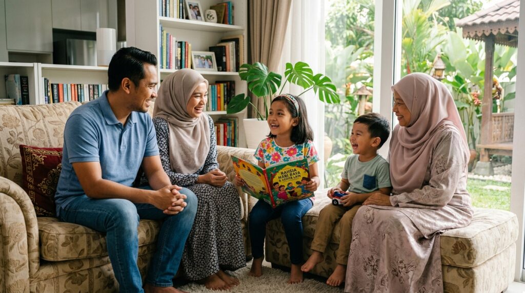 Keluarga Melayu membaca dan berbual bersama menggunakan buku cerita rakyat.