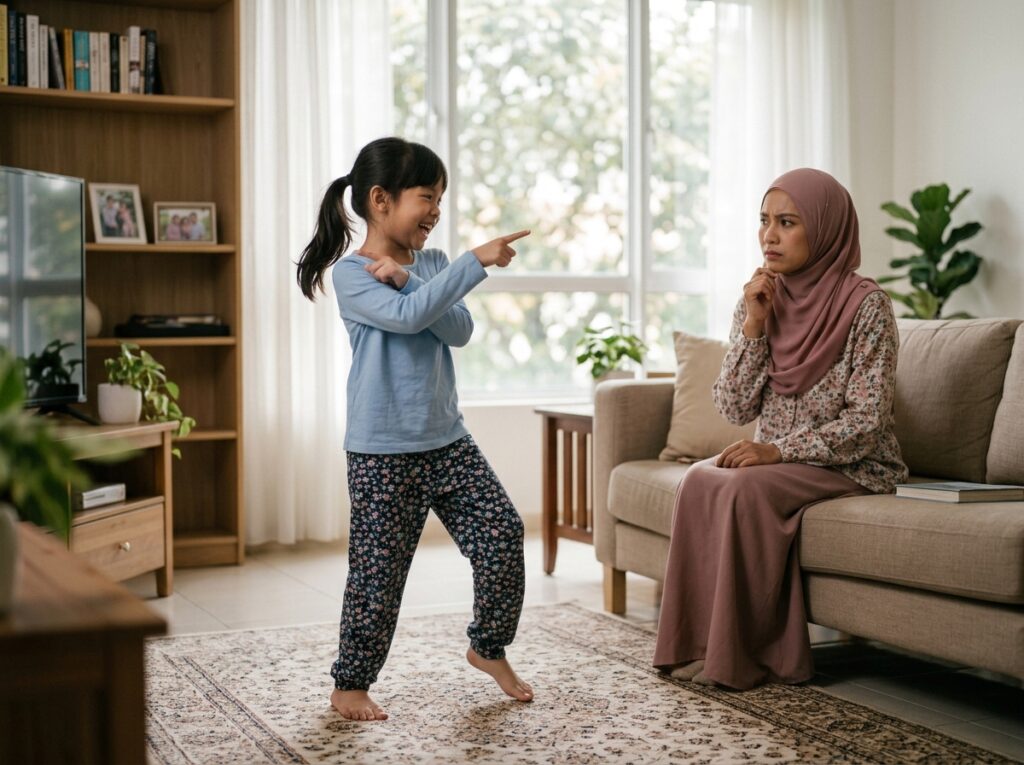 Anak Asia sedang meniru trend “six seven” dengan gaya ceria di rumah, manakala ibu bapa memerhati dengan wajah prihatin.