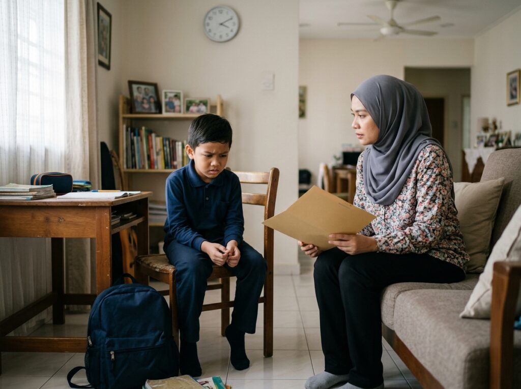 Anak Asia kelihatan risau di rumah sambil memegang beg sekolah, manakala ibu bapa memerhati dengan wajah prihatin.