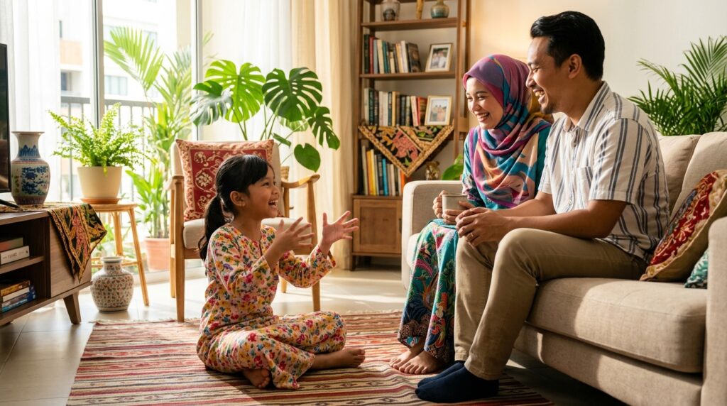 Kanak-kanak Melayu bercerita dengan yakin kepada ibu bapanya.