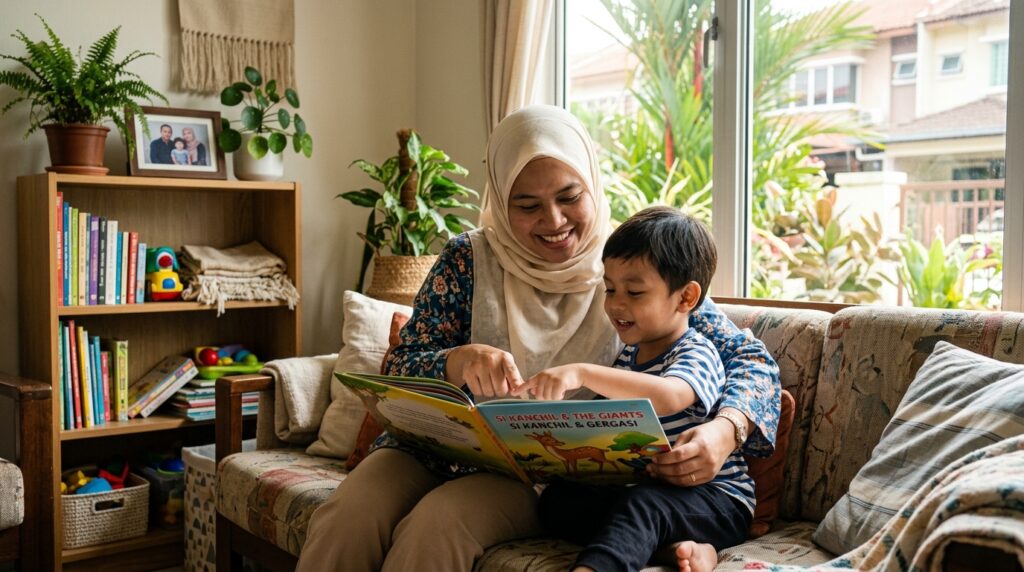 Ibu melatih anak membaca setiap hari di rumah.