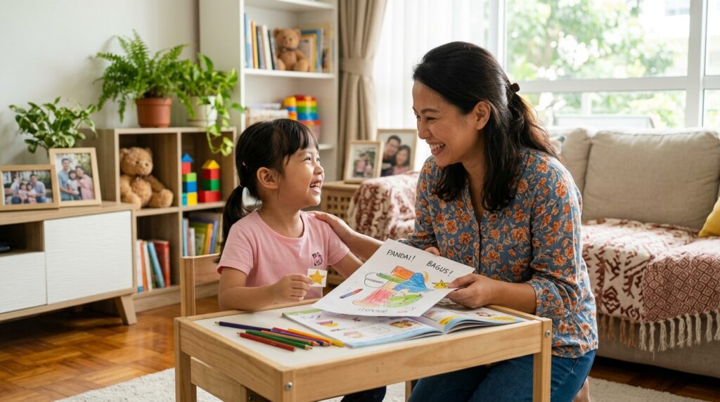 Kanak-kanak memilih buku bersama ibu sebelum sesi pembelajaran