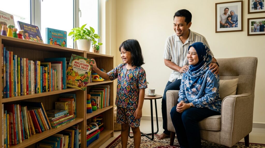 Kanak-kanak Melayu memilih buku cerita rakyat di sudut bacaan rumah.