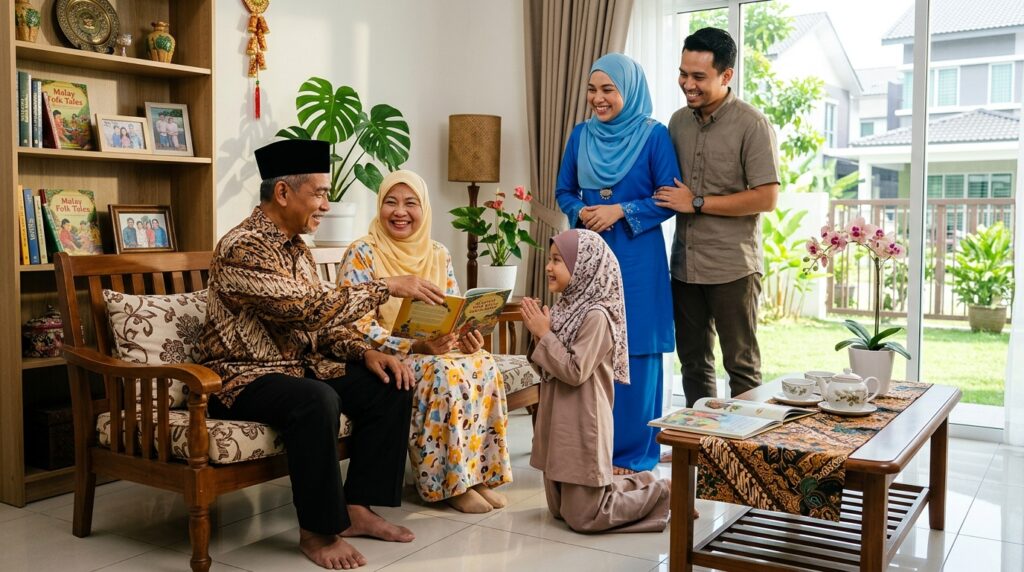 Kanak-kanak Melayu mengamalkan nilai murni dan menghormati orang tua selepas membaca cerita rakyat.