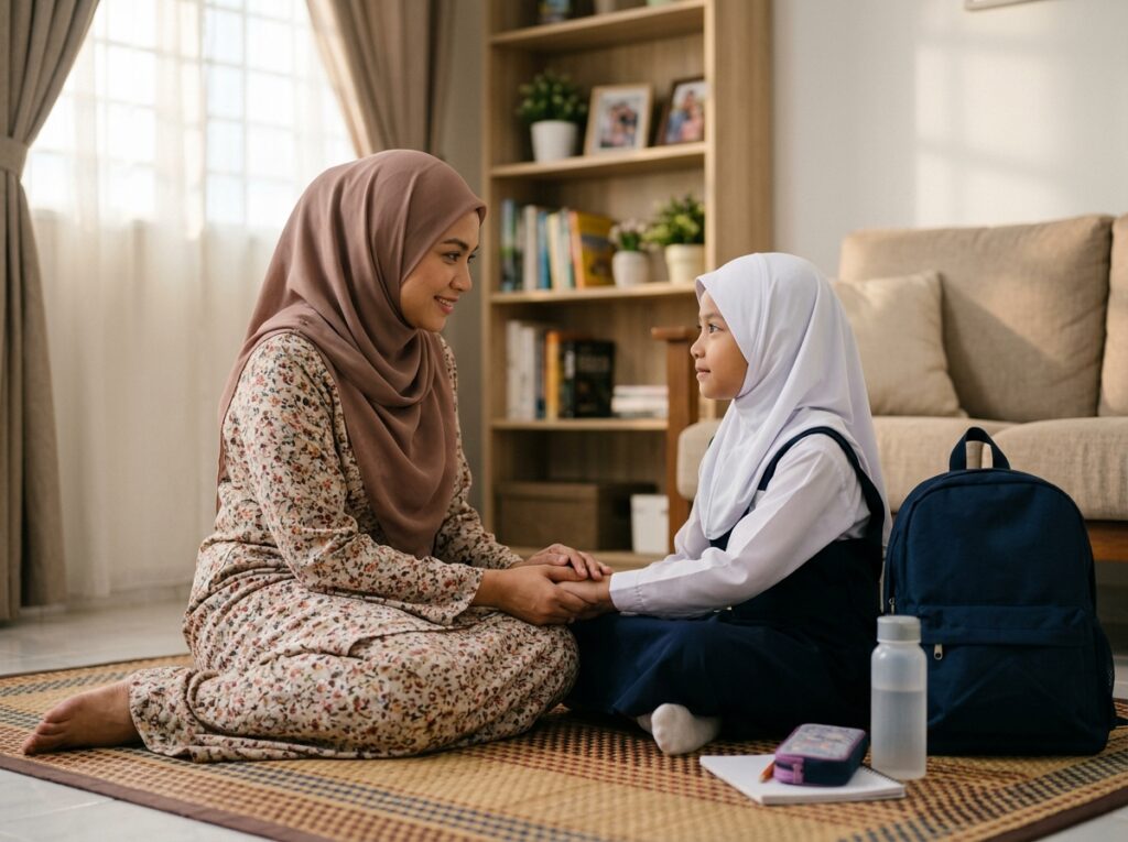 Ibu bapa Asia berbual dengan anak tentang cikgu atau orang dewasa yang boleh dicari jika anak berasa takut di sekolah.