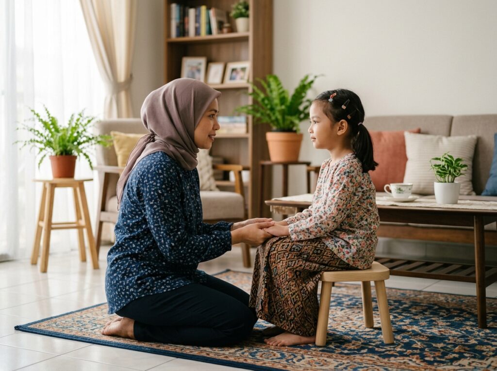 Ibu bapa Asia bercakap lembut dengan anak sambil menunjukkan sikap meminta maaf dengan ikhlas di rumah.