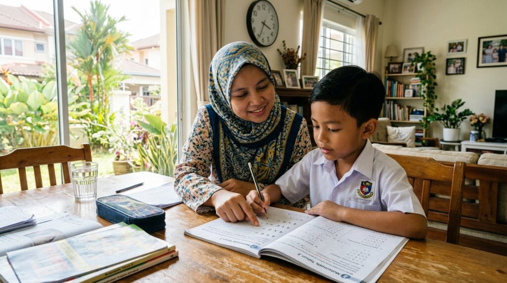 Ibu menerangkan pelajaran kepada anak Melayu dengan penuh kesabaran.
