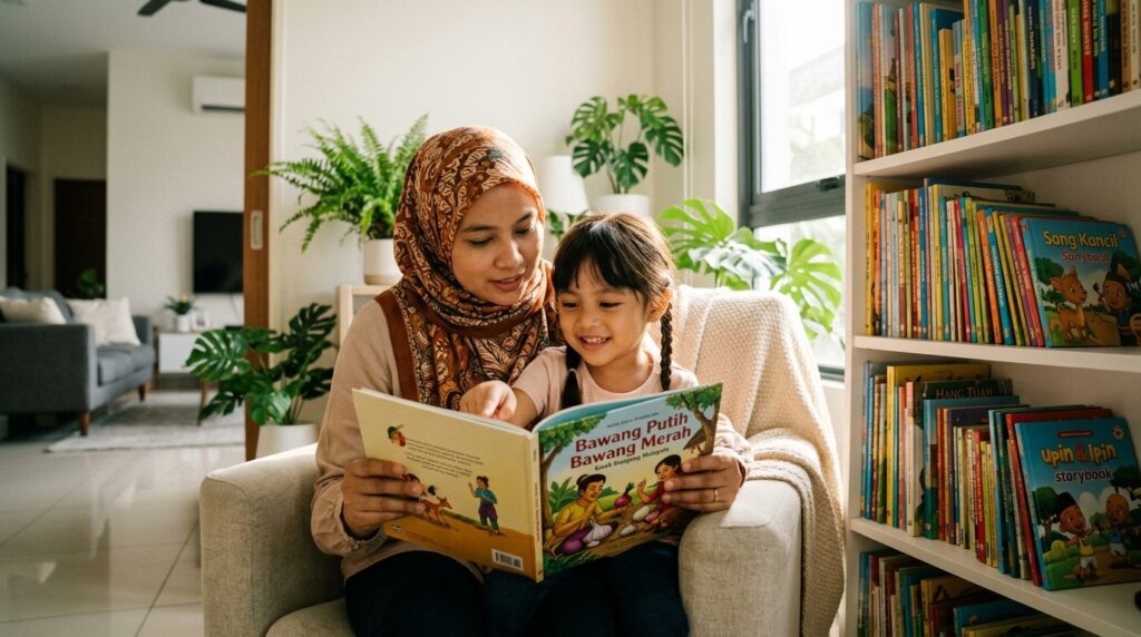 Ibu membaca buku cerita rakyat yang sesuai dengan umur anak.