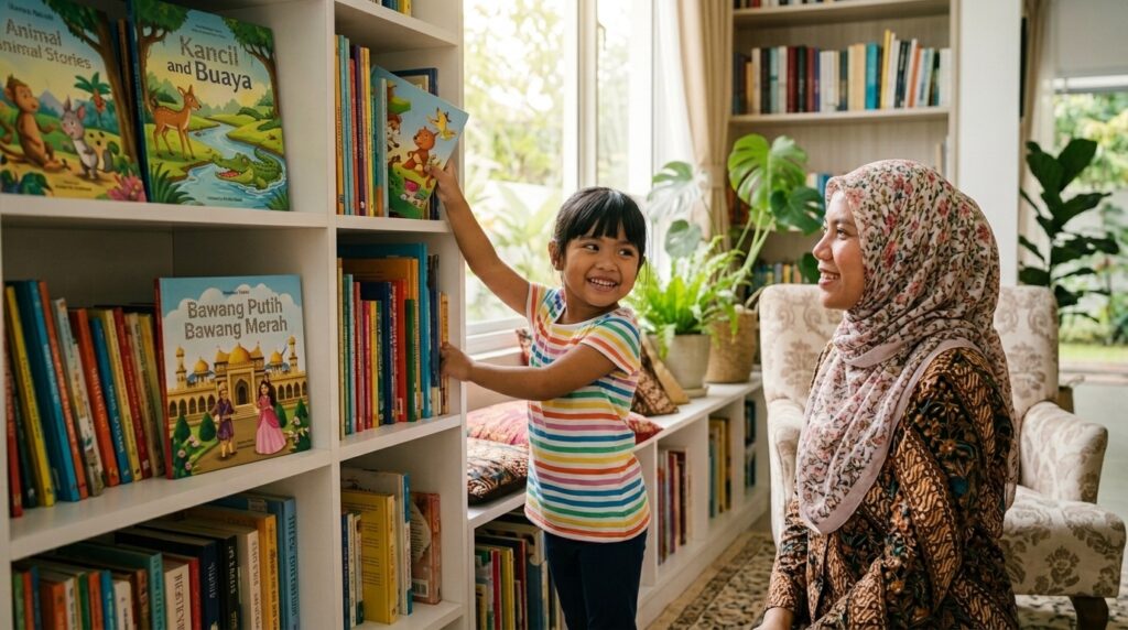 Kanak-kanak Melayu memilih buku cerita yang diminati dengan bimbingan ibu.
