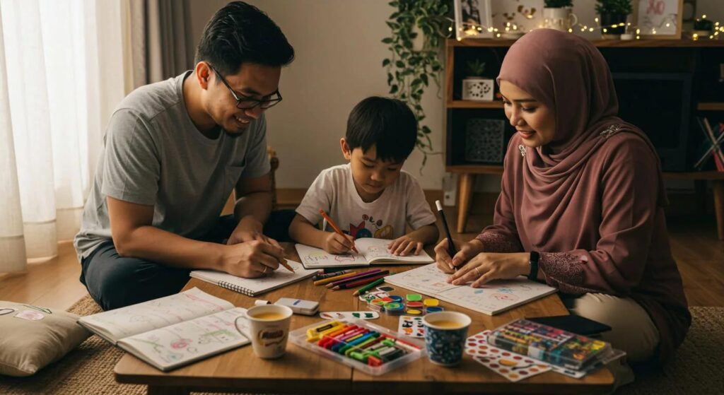 Keluarga Melayu melakukan aktiviti melukis dan berbual selepas membaca cerita rakyat.