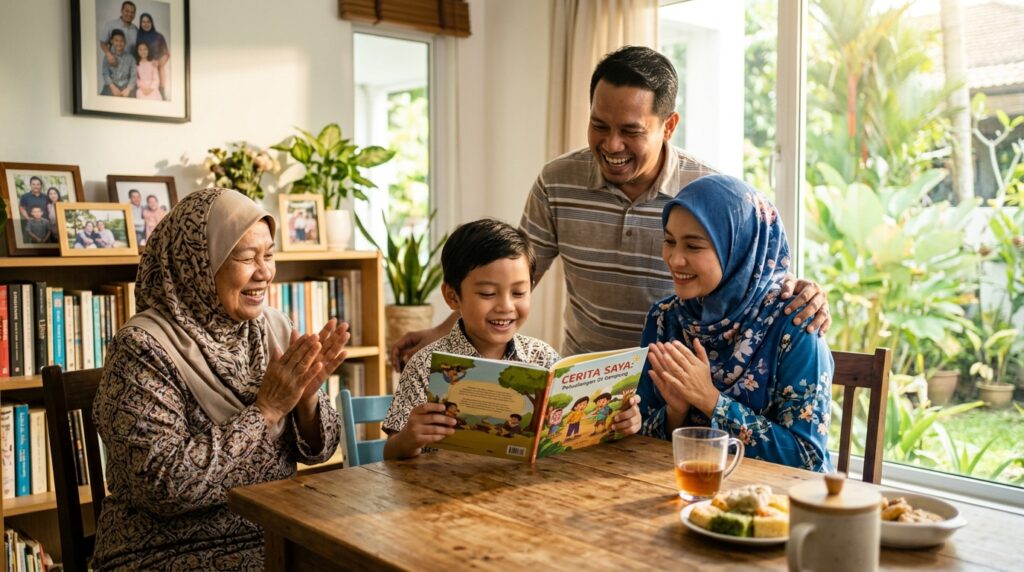 Ibu bapa memberi galakan kepada anak yang berjaya membaca dengan yakin