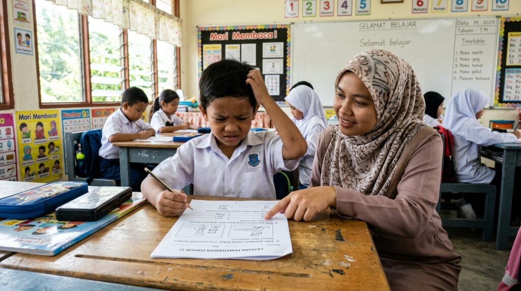 Murid Melayu keliru membaca arahan pada lembaran latihan di dalam kelas.