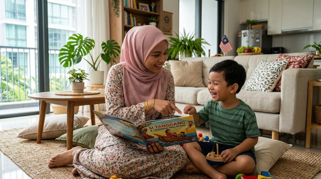Kanak-kanak Melayu belajar perkataan baharu melalui cerita rakyat bersama ibu.