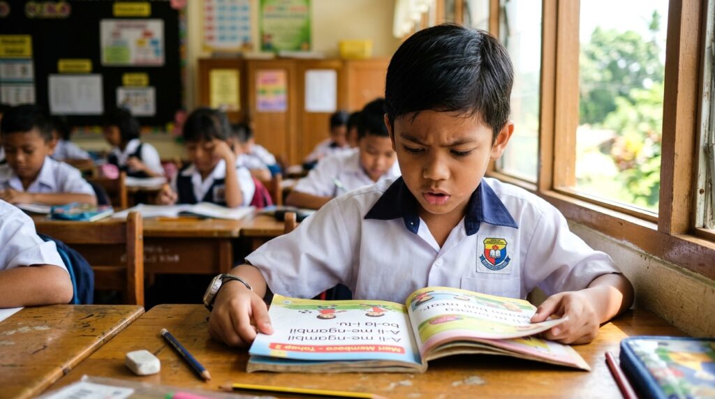 Kanak-kanak memberi tumpuan pada sebutan setiap perkataan ketika membaca
