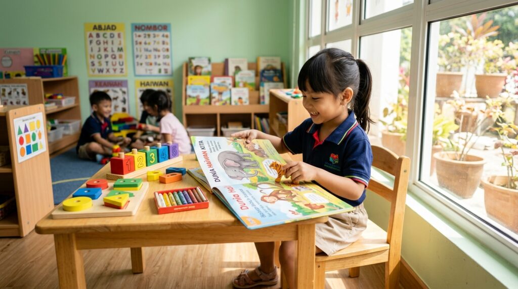 Kanak-kanak prasekolah belajar menggunakan buku bergambar dan permainan pendidikan