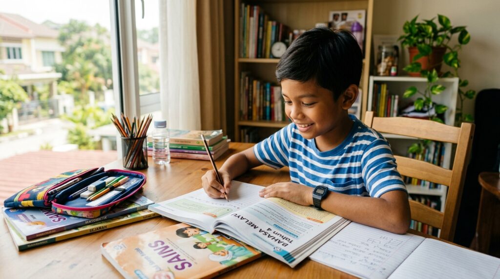 Kanak-kanak sekolah rendah belajar dengan fokus di meja belajar