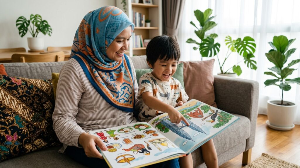 Anak melihat gambar budaya dan tempat menarik di Malaysia dalam buku bersama ibu.