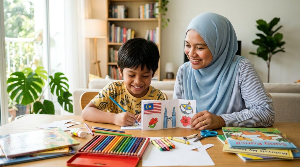 Anak menghasilkan buku mini bertema Malaysia bersama ibu di rumah.